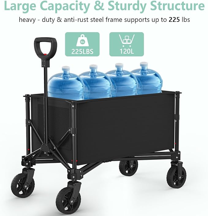 Collapsible Folding Outdoor Utility Wagon, 120L Beach Wagon Cart with All Terrain Wheels, 225lbs Heavy Duty Foldable Grocery Wagon for Camping Garden Shopping Sports