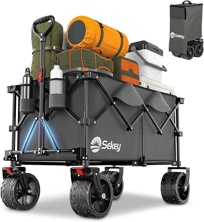 Sekey 330lbs Collapsible Foldable Wagon with Large Capacity, Heavy Duty Folding Utility Garden Cart with Big All-Terrain Beach Wheels & Drink Holders. Gray