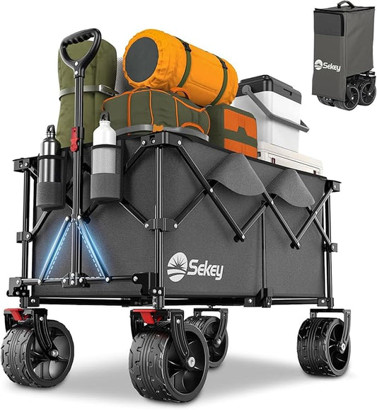 Sekey 330lbs Collapsible Foldable Wagon with Large Capacity, Heavy Duty Folding Utility Garden Cart with Big All-Terrain Beach Wheels & Drink Holders. Gray