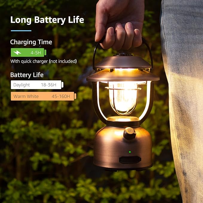Lepro Retro Classic LED Camping Lantern, High Lumens, Daylight White 2500K and 5000K, Dimmable, USB Rechargeable, Waterproof for Camping, Vintage Decoration and Emergency (USB Charging Cable Included)