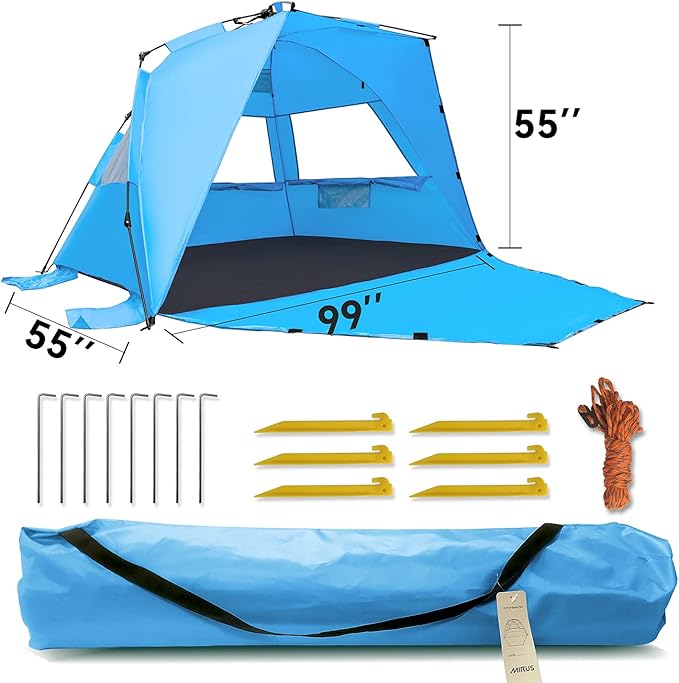 MIRUS Pop Up Beach Tent, Deluxe XL Sun Shade Shelter for 3-4 Person with UPF50+ Protection, Extendable Floor & 3 Ventilating Windows Carrying Bag Stakes and Guy Lines