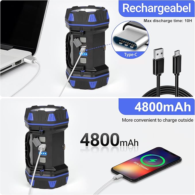 Led Camping Lantern Rechargeable, Camping Flashlight 1500LM, 8 Light Modes, Camping Lights 4800 Capacity, Portable Bright Flash Light for Emergencies, Power Outages, Hurricane, Hiking (Blue 1PACK).