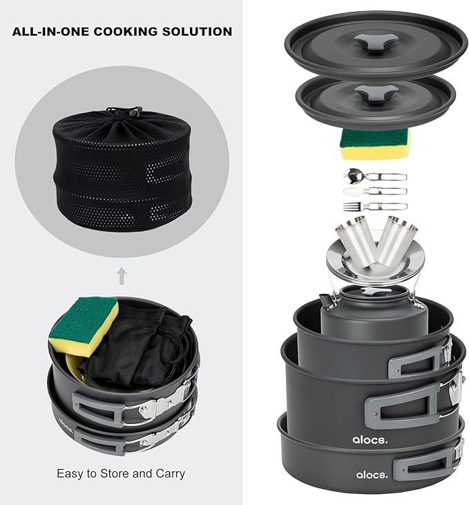 Alocs 17pcs Camping Cookware Camp Kitchen Set with Kettle, Aluminum Camping Cooking Set Backpacking Gear for Hiking,Traveling,Climbing and Picnic