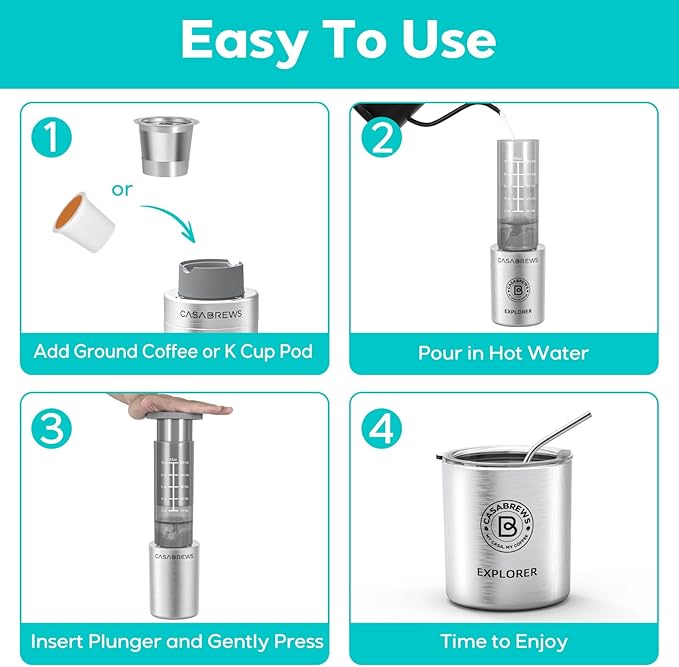 CASABREWS KP3000 Portable Coffee Maker, 2 in 1 Small Travel Coffee Machine for K Cup Pod or Ground Coffee, Quick Coffee Press Kit with Stainless Steel Cup, Cup Lid, Straw and Storage Bag