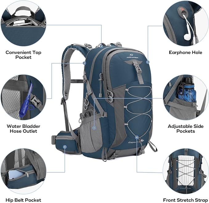 Maelstrom Hiking Backpack,Camping Backpack,40L Waterproof Hiking Daypack with Rain Cover,Lightweight Travel Backpack,Blue