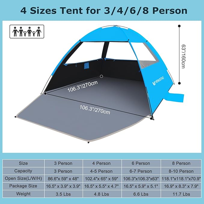 Venustas Beach Tent Sun Shelter for 3-10 Person, UPF 50+ UV Protection Canopy, Lightweight and Easy Setup Cabana, Portable Beach Shade
