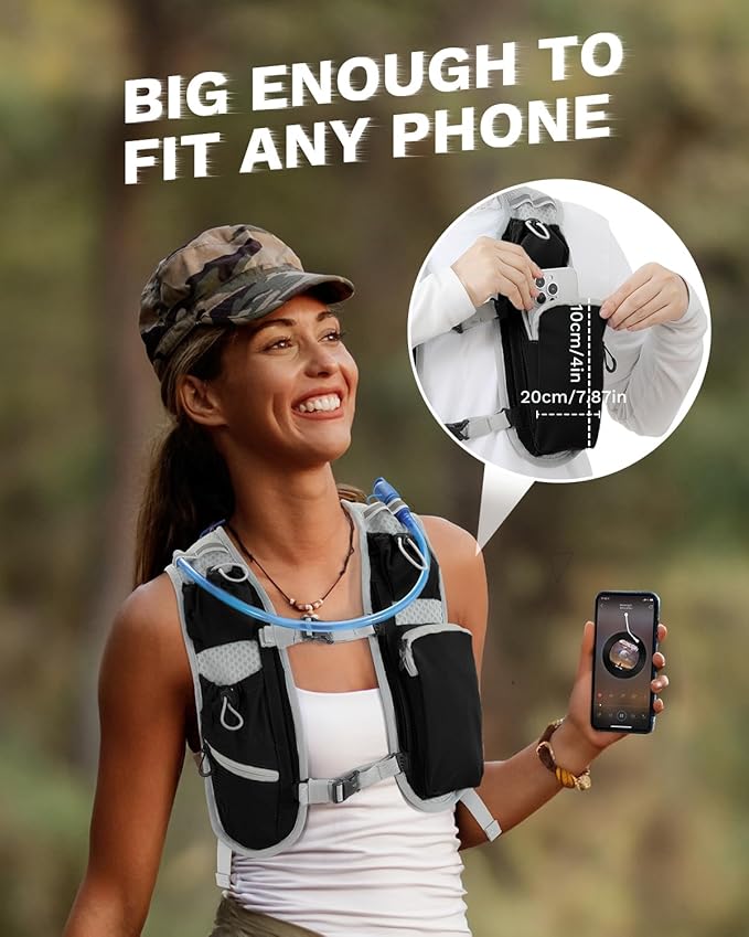 Running Vest for Women and Men, Hydration Backpack for Runners, Trail, Hiking, Biking and Walking, with Front Phone Holder, Adjustable Chest and Waist Strap