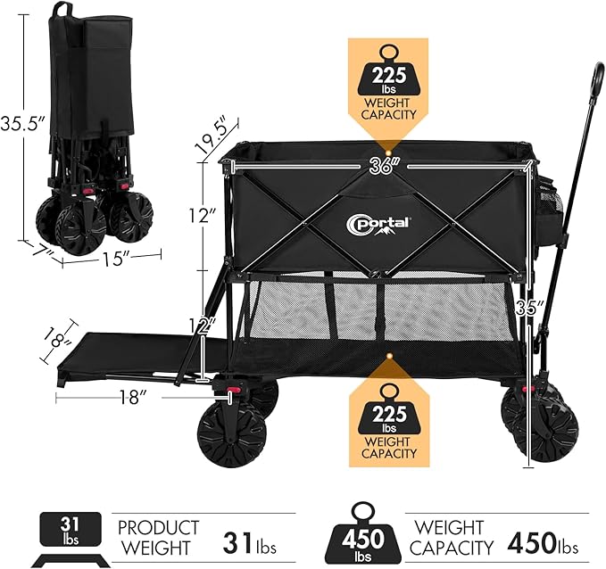 PORTAL 400L Collapsible Double Decker Wagon, Folding Wagon Cart with Tailgate, Beach Wagon with Big Wheels, 450LB Heavy Duty Foldable Wagon, Large Capacity Wagon for Camping, Sports, Garden, Baseball