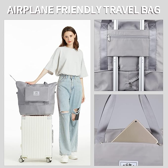 Expandable Travel Duffel Tote Bag - Foldable Overnight Weekender, Carry-On, Swim & Gym Bag - Fits Spirit Airlines Personal Item Size - Lightweight, Waterproof & Durable with Trolley Sleeve,Grey