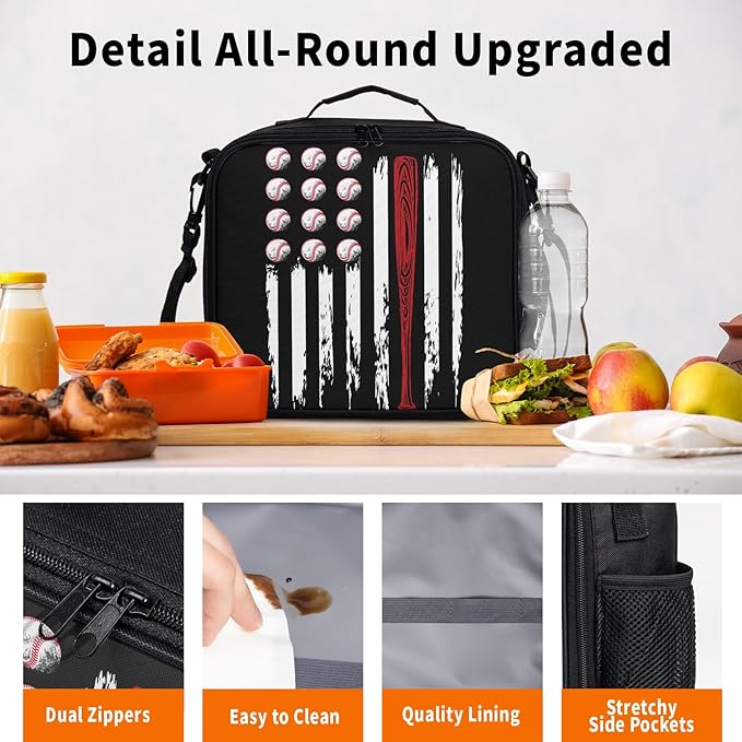 Sport Baseball Pattern Lunch Bag American Flag Baseball Lunch Boxes for Women/Man Office Work Travel School Work Picnic Durable Reusable Insulated Large Lunch Tote Bag with Adjustable Shoulder Strap