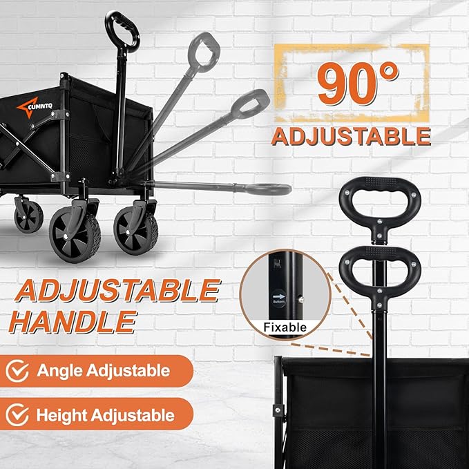 Collapsible Folding Wagon, 350lb Weight Capacity Collapsible Wagon with All-Terrain Wheels, Cup Holders and Adjustable Handle Utility Wagons, for Grocery Camping Garden Sports Shopping, Black