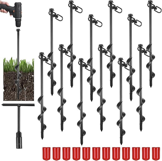Reginary 12 Pcs Ground Anchors Screw in Tent Stakes Heavy Duty Trampoline Anchors High Wind for Camping Canopy Carport Sheds Beach Sand Stakes Metal Swing Set (Black)