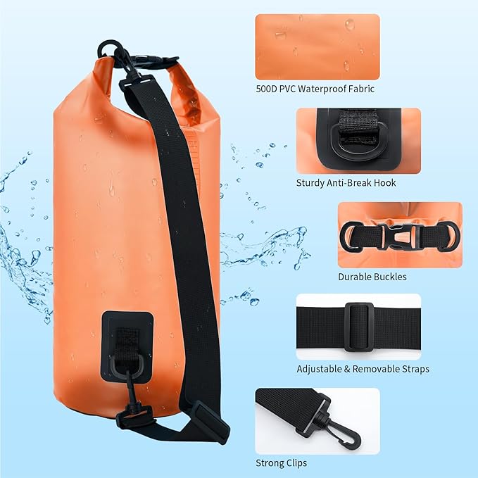 Waterproof Dry Bag for Women Men,10L/15L Roll Top Lightweight Dry Storage Bag Backpack,Floating Sack with Waterproof Phone Case, Kayaking,Swimming, Camping, Hiking, Beach (Orange, 10L)