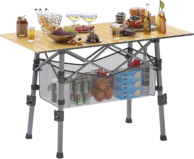 Portable Camping Table with Adjustable Legs, Picnic Table Lightweight Aluminum Roll-up beach tables for sand foldable, Folding Table with Large Storage Basket for Outdoor camping, BBQ and party