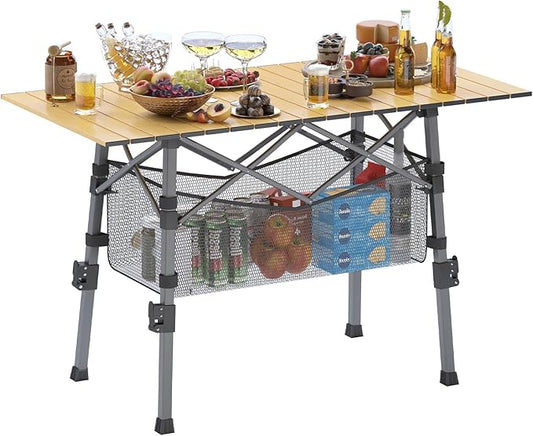 Portable Camping Table with Adjustable Legs, Picnic Table Lightweight Aluminum Roll-up beach tables for sand foldable, Folding Table with Large Storage Basket for Outdoor camping, BBQ and party