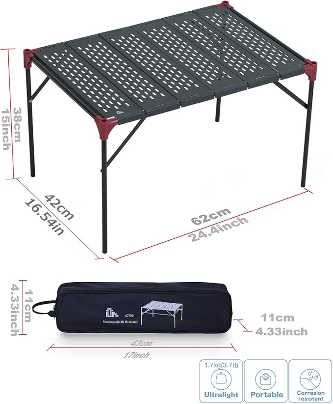 iClimb Extendable Folding Table Large Tabletop Area Ultralight Compact with Hollow Out Tabletop for Camping Backpacking Beach Concert BBQ Party, Three Size (Black - XL + Hanger)