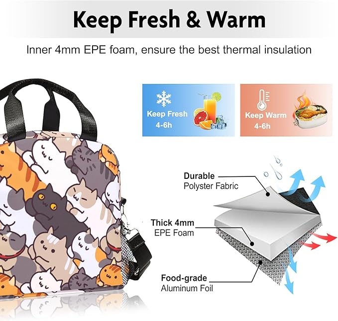Lunch box Kids,Insulated Cat Lunch Bag Cute Small Lunch Totebag Reusable Leakproof Lunch Bag With Shoulder Strap for Girls Boys Women School Work Picnic