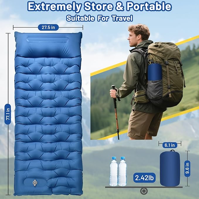 Camping Sleeping Pad, Extra Thick 6 Inch Inflatable Camping Mat with Pillow Built-in Foot Pump Ultralight Portable Sleeping Pads Compact for Hiking Backpacking Travel Tent Car Camp Gear