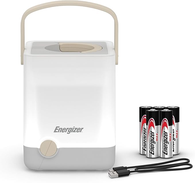 Energizer LightxPower Cube Camping Lantern, X1000 Lantern Dual Power Rechargeable and AA Battery, IPX4 Water Resistant