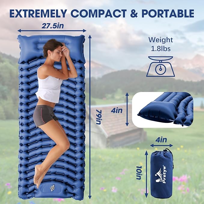Sleeping Pad for Camping - Ultralight Camping Mattress with Pillow, Built-in Foot Pump, Compact Inflatable Portable Mat for Backpacking, Hiking, Car Traveling, Beach, Tent