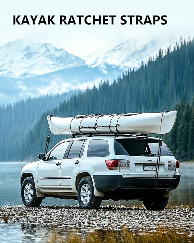 Kayak Straps Tie Downs 8 Pack Set, Roof Rack Straps Adjustable Ratchet Tie Down Straps with Lock S Hooks, 1/4 Inch 12 Feet Ratchet Straps for Small Cargo, Kayak-Soft Loops, Packing, Camping Gear