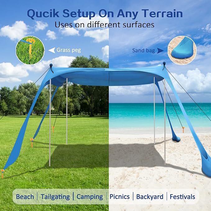 Beach Canopy Beach Tent UPF50+ 11x11 FT Easy to Setup Extra Windproof Rope Sun Shelter Beach Shade Canopy with 4 Stability Poles Outdoor Shade for Beach Camping Family