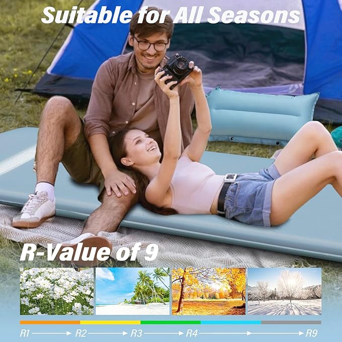 Self Inflating Sleeping Pad - Thick Insulated Mattress Pad with Pillow & Inflatable Bag, 9.0 R-Value for Car Camping & Backpacking