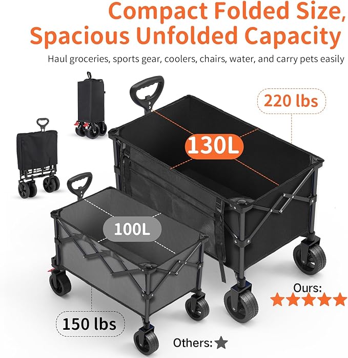 BELEEV Collapsible Wagon Cart, Heavy Duty Foldable Utility Cart with 6" All-Terrain Big Wheels, 130L Large Capacity, Side Pocket & Drink Holders for Beach Grocery Garden Camping Sports Shopping(Black)