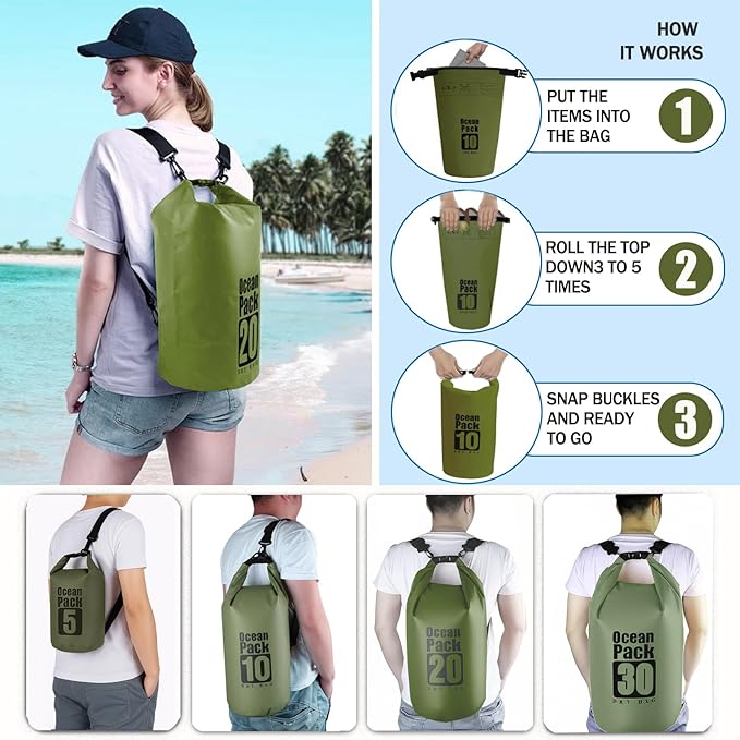 Floating Waterproof Dry Bag Backpack 5L/10L/20L, Roll Top Bag for Kayaking, Rafting, Boating, Swimming, Camping, Hiking, Beach, Fishing, Waterproof Beach Bag. (Forest green, 10L)