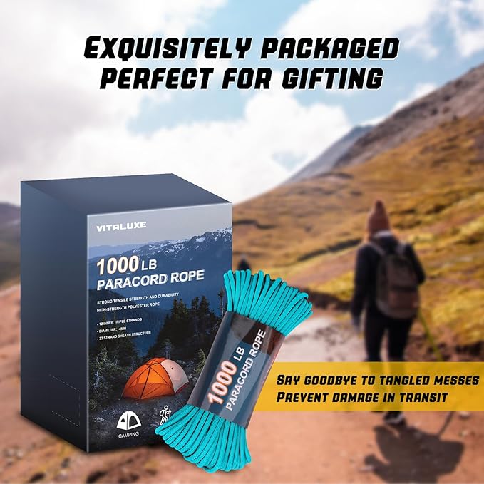 1000lb Paracord Rope, 4mm 12 Triple Strands Paracord, Heavy Duty Tactical Parachute Cord for Survival Gear, Camping, Hiking, and Ideal for Bracelets, Lanyards, Type III