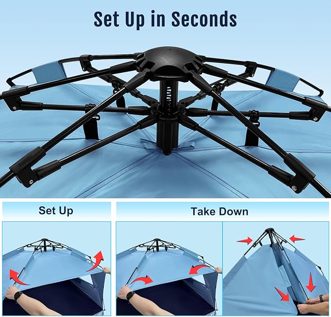 WhiteFang Deluxe Pop Up Beach Tent Sun Shade Shelter for 3-4/5-6 Person, UV Protection, Extendable Floor with 3 Ventilating Windows Plus Carrying Bag, Stakes, and Guy Lines