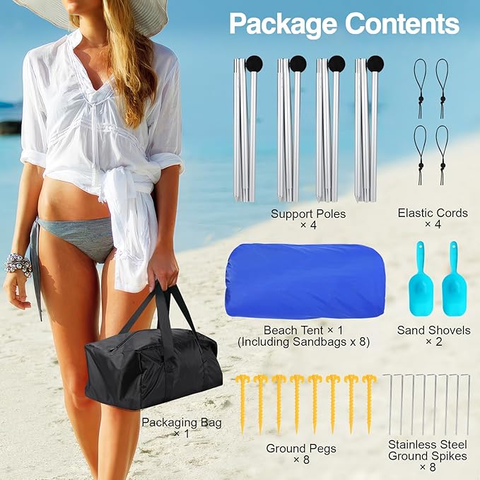 Rhino Valley Beach Tent Sun Shelter, Beach Canopy Tent Sun Shade UPF50+ Protection with 8 Sandbags 4 Stability Poles, Outdoor Beach Shade Canopy for Beach, Camping, Fishing