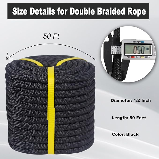 Double Braided Arborist Rope - 1/2 Inch x 50 Feet Polyester High Strength Climbing Rope for Tree Work, Halyard, Sailing