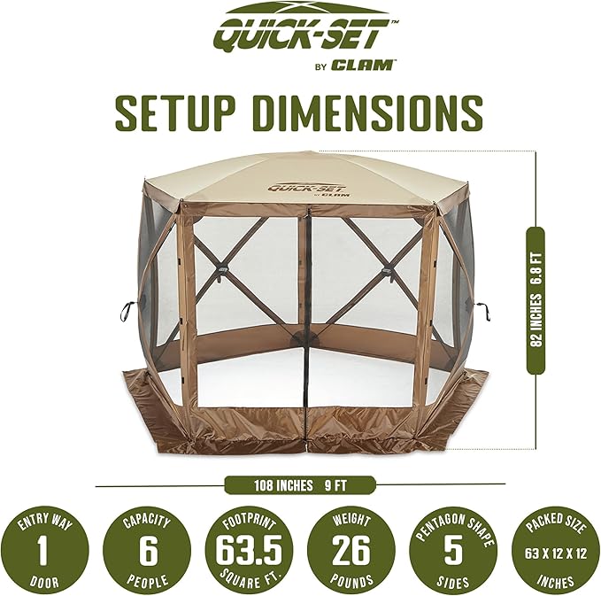 CLAM Venture 9 x 9 Foot Portable Outdoor Gazebo Canopy Camping Tent Shelter, with 3 Wind and Sun Panels and Carry Bag Accessory, Brown