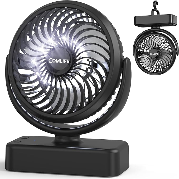 Camping Fan with LED Lantern - Rechargeable Battery Operated Fan, 35H Run Time Max, 3 Speeds, Portable Desk Fan With Hook for Tent Car RV Outdoor Emergency Outage Hurricane