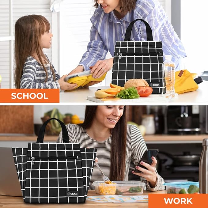 opux Lunch Bag for Women, Insulated Lunch Box Tote for Girls Kids Adult School Work, Reusable Womens Lunch Tote for Office Travel, Cute Small Lunch Tote, Fits 12 Cans - Checker Plaid Black