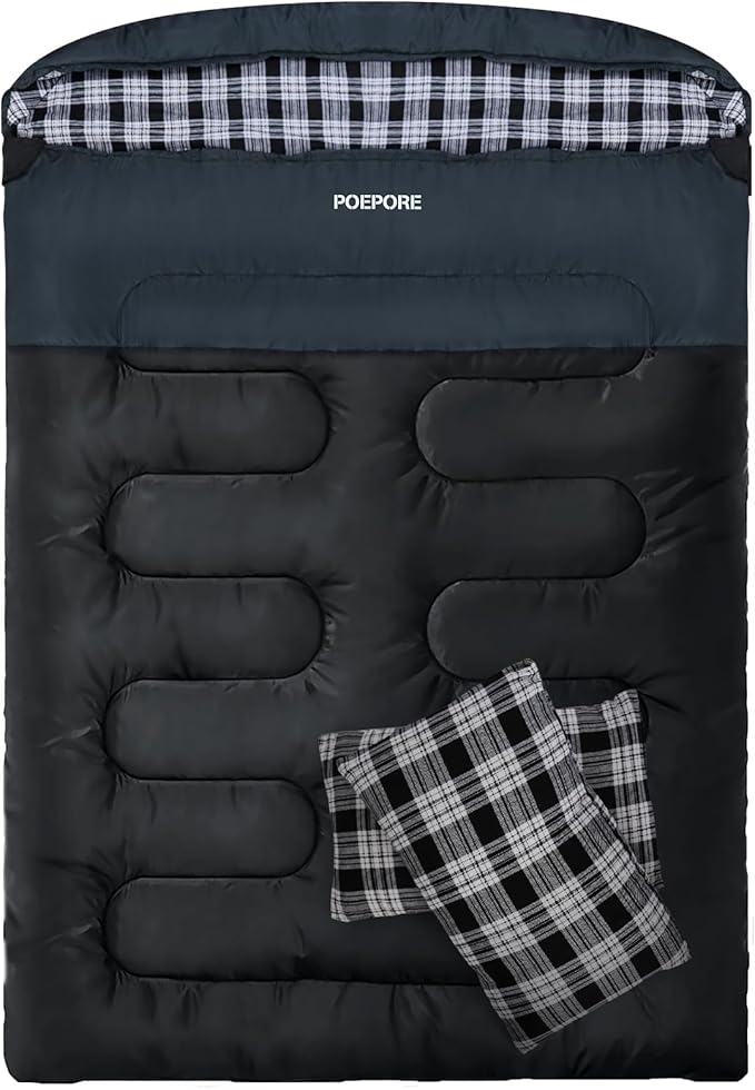 Double Sleeping Bag Flannel for Adults with 2 Pillows 2 Person Sleeping Bags Camping XXL Queen Size Two Person Sleeping Bag for Cold Weather