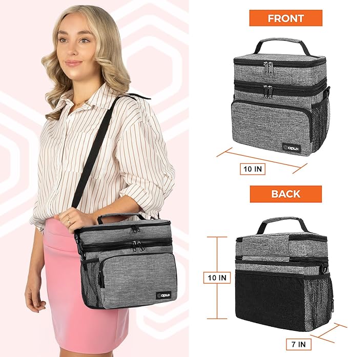opux Insulated Lunch Bag for Men Women, Large Dual Compartment Cooler Bag, Soft Two Deck Lunch Box for Work School Picnic, Leakproof Lunch Tote with Shoulder Strap for Kid Adult (Gray, Double Deck)