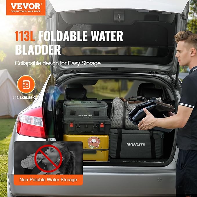 VEVOR 113 L/29.85 Gal Water Storage Bladder, Portable RV Water Tank, 1000D PVC Collapsible Water Storage Containers, Soft Water Bag, Water Bladder, Camping, Emergency Water Use, Black