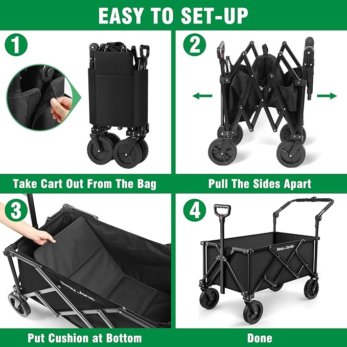 BEAU JARDIN Collapsible Folding Push Pull Wagon Cart 330lbs Heavy Duty 150L Foldable Garden Cart with All Terrain Wheels Portable Utility Wagon Cart for Camping Fishing Sports Shopping Black