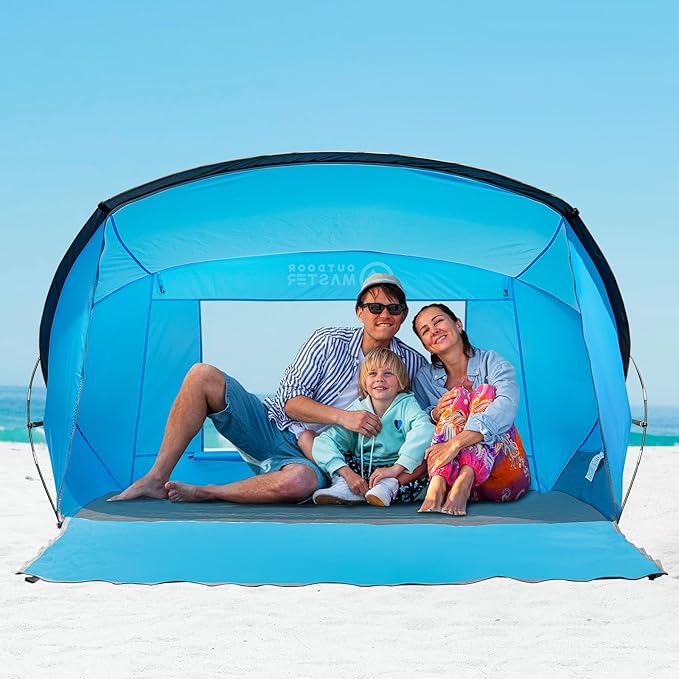 OutdoorMaster Beach Tent for 3-4 Person - Easy Setup and Portable Beach Shade Sun Shelter Canopy with UPF 50+ UV Protection Removable Skylight Family Size - Blue