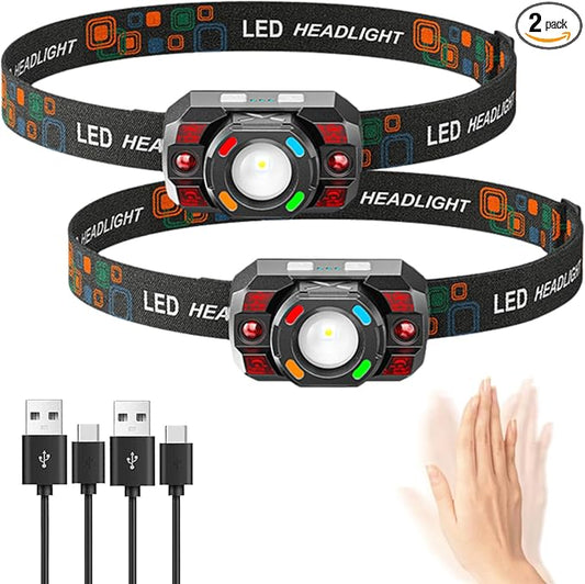 Headlamp Flashlight, 500 Lumen Ultra-Light Bright LED Rechargeable Headlight with White Red Bule Light,2-Pack Waterproof Motion Sensor Head Lamp,10 Modes for Outdoor Camping Running Hiking Fishing