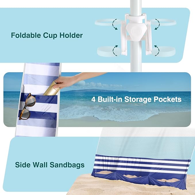Rhino Valley Beach Cabana, 8 × 8FT Foldable Beach Tent with Cup Holder, Beach Canopy Easy Setup with UPF50+ Protection, Windproof Stable Beach Tent, Portable Beach Cabana Tent for Beach Camping
