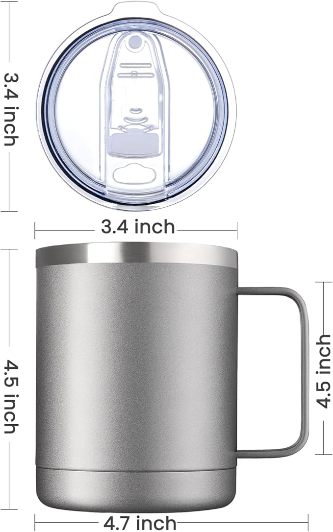 MEWAY 12oz Coffee Mug With Handle 2 Pack Bulk,Stainless Steel Insulated Travel Tumblers With Sliding Lid,Double Wall Vacuum Camping Cup for Hot & Cold Drinks Tea (Cold Grey,Set of 2)