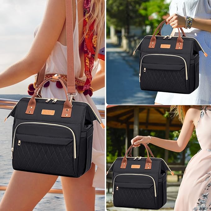 AIJIEKE Lunch Bag for Women, Large Lunch Box for Work Insulated Lunch Bag, Adult Leakproof Lunch Tote Cooler Bag with Side Pockets & Adjustable Strap, Lunch Purse for Picnic Beach, Black
