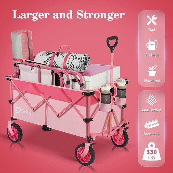 Sekey 220L Collapsible Foldable Wagon with 330lbs Weight Capacity, Heavy Duty Folding Wagon Cart with Big All-Terrain Wheels & Drink Holders (Barbie Pink)