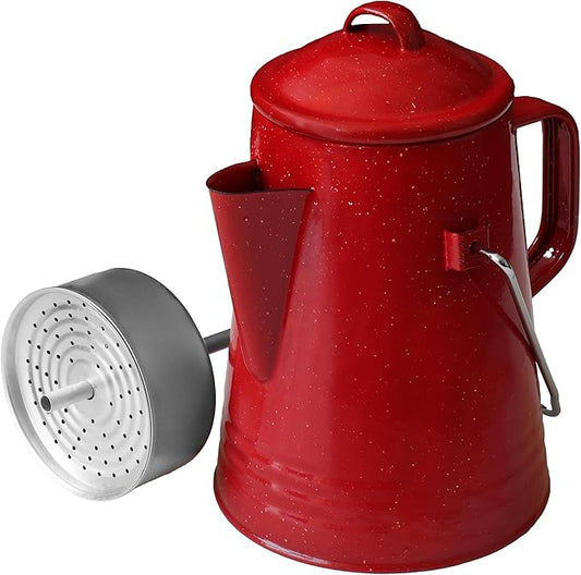 Grip Coffee Percolator (Red) - Durable Glazed Enamel Steel - Prepare Coffee Over the Fire - Camping, Hiking, Backpacking, Fishing, Hunting - (8 Cups)