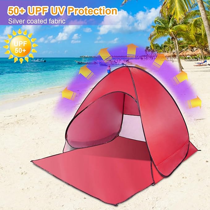 Pop Up Beach Tent for 2-3 Person, UPF50+ Anti-UV Sun Shelter w/Storage Bag, Portable Waterproof Instant Sun Shade Canopy for Outdoor Beach Camping Hiking Travel Family, Red