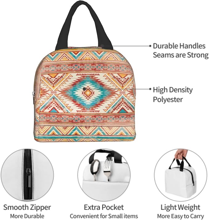 Giwawa Aztec Ethnic Lunch Box Native American Southwestern Tribal Geometric Thermal Lunch Bag with Front Pocket Insulated Meal Cooler Handbag for Kids Teens Girls Picnic Men Women Work