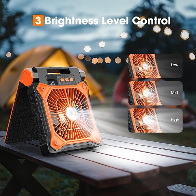 Solar Camping Fan with LED Lantern, 20000mAh Rechargeable Battery Powered with 10W Solar Panel and Emergency Power Bank, Quiet Battery Operated Tent Fan for Picnic, Barbecue, Fishing, Travel